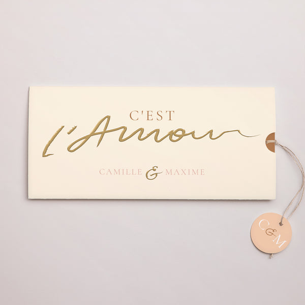 Faire-part Mariage Pochette 2 cartes, étiquette C'est l'Amour en or photo