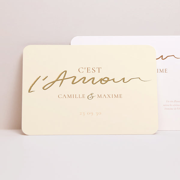 Faire-part Mariage Paysage, bords arrondis C'est l'Amour en or photo