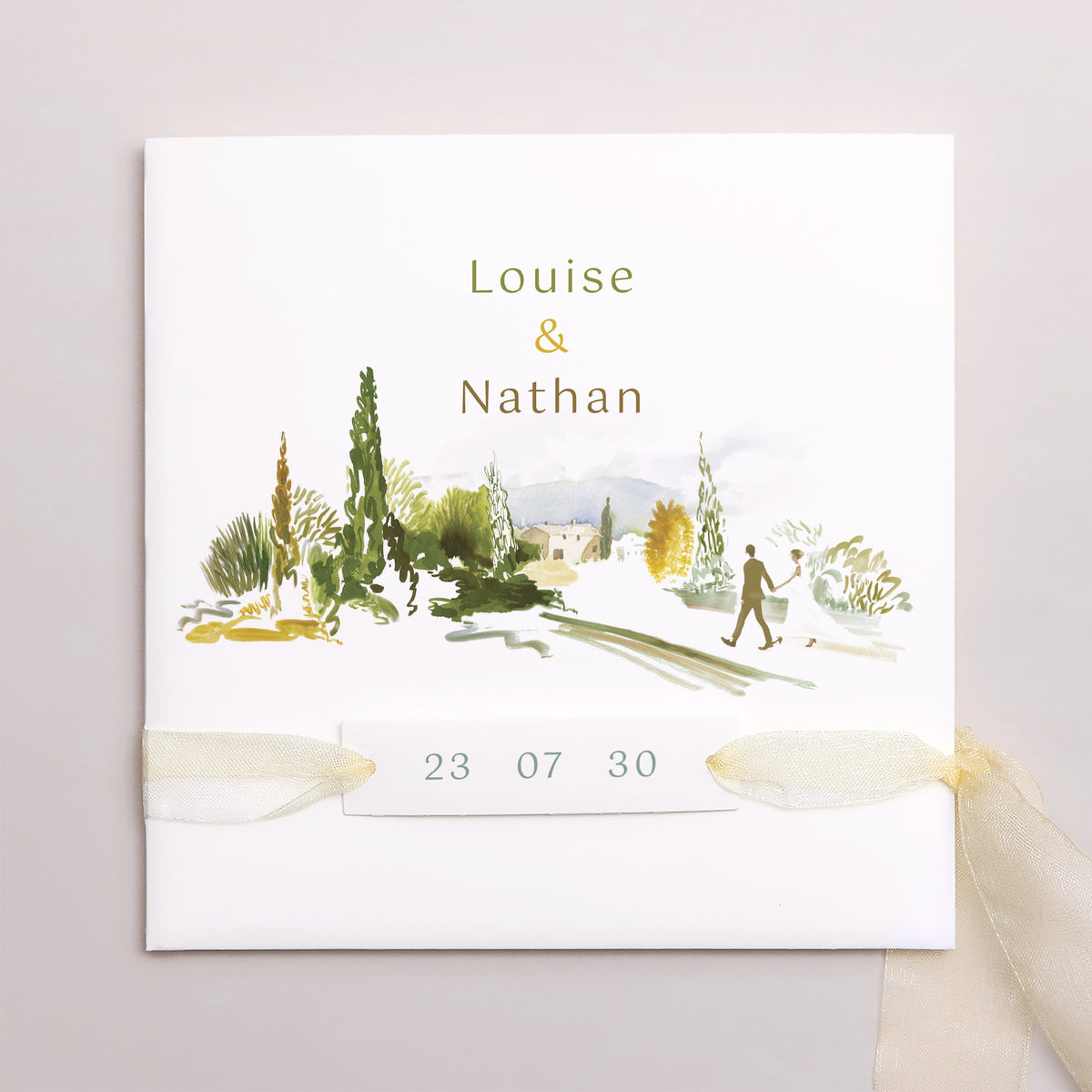 Faire-part Mariage Pochette carrée, 3 cartes, étiquette En chemin photo