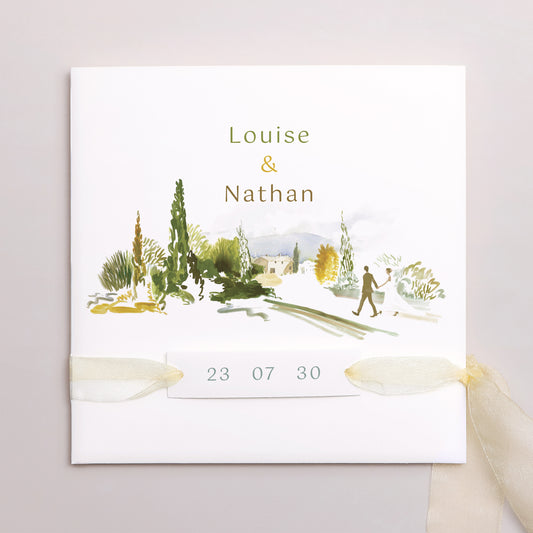 Faire-part Mariage Pochette carrée, 3 cartes, étiquette En chemin photo