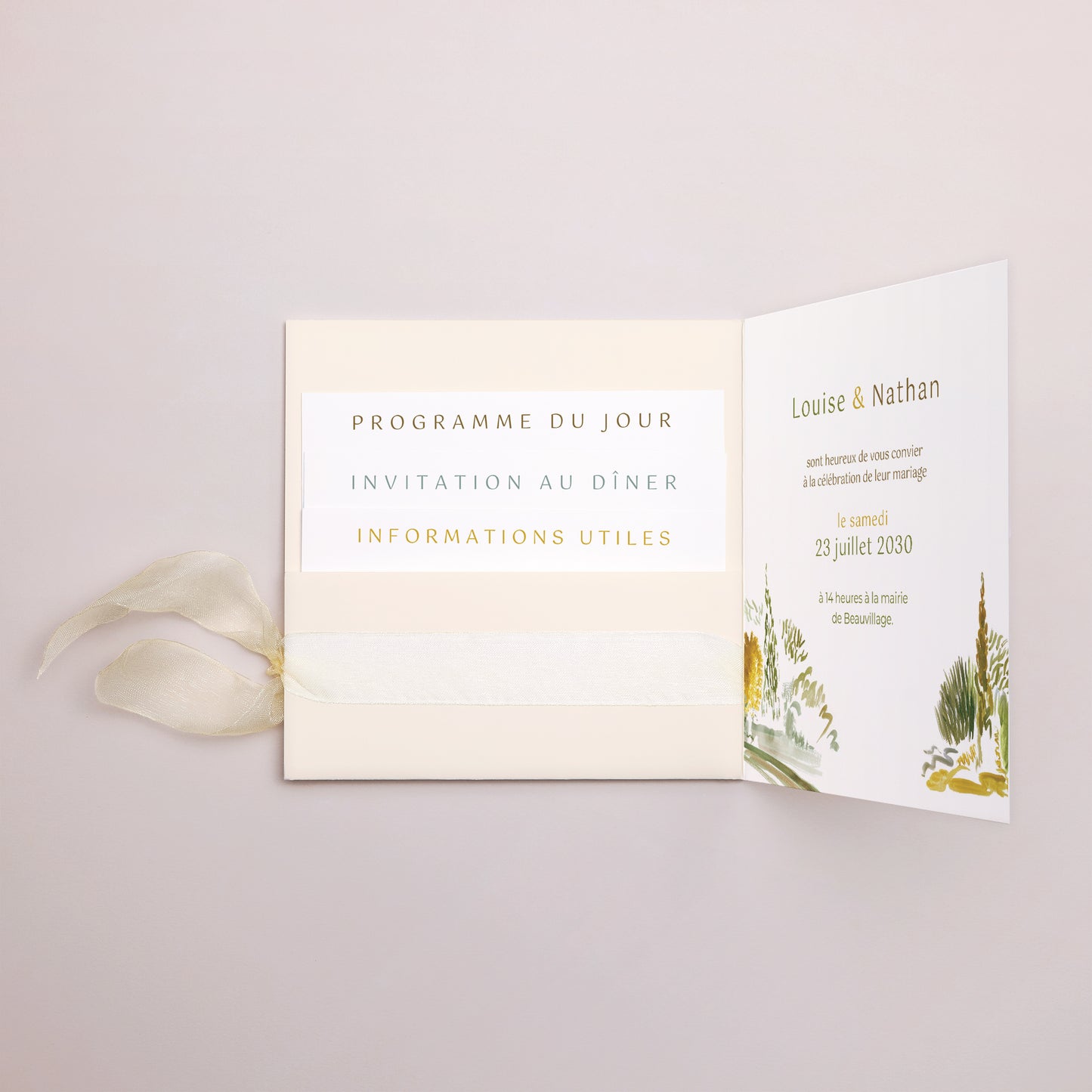Faire-part Mariage Pochette carrée, 3 cartes, étiquette En chemin photo N° 2