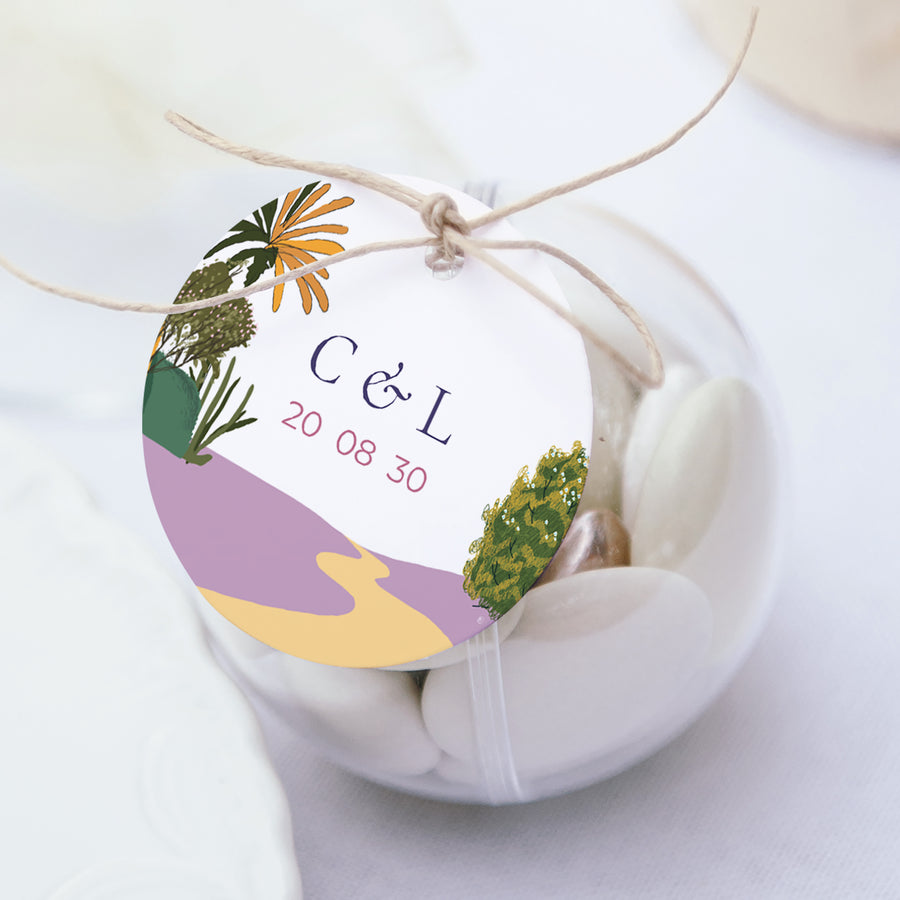 Boîte à dragées Mariage boule avec étiquette ronde Flâneurs photo