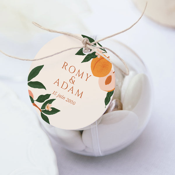 Boîte à dragées Mariage boule avec étiquette ronde Sous les abricotiers photo