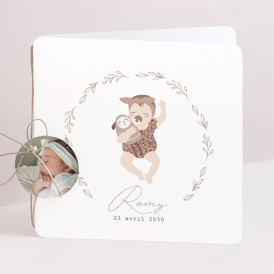 Faire-part Naissance Carré double volet, coins arrondis, étiquette ronde Le plus beau des bébés - fille photo