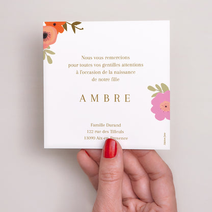 Remerciements Naissance Carré Farandole de fleurs photo N° 3