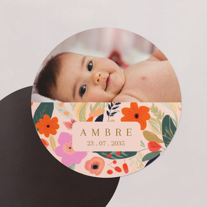 Faire-part Naissance Lot de 8, magnétique, rond, Ø 10cm Farandole de fleurs photo N° 1