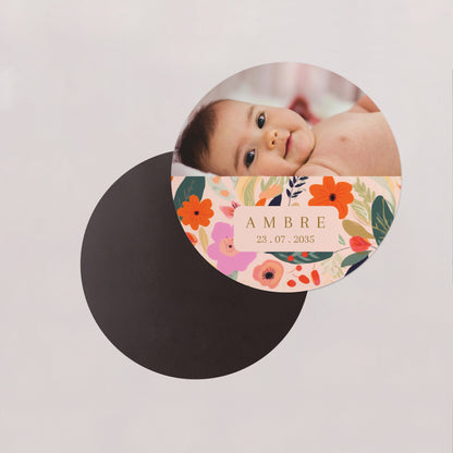 Faire-part Naissance Lot de 8, magnétique, rond, Ø 10cm Farandole de fleurs photo N° 2