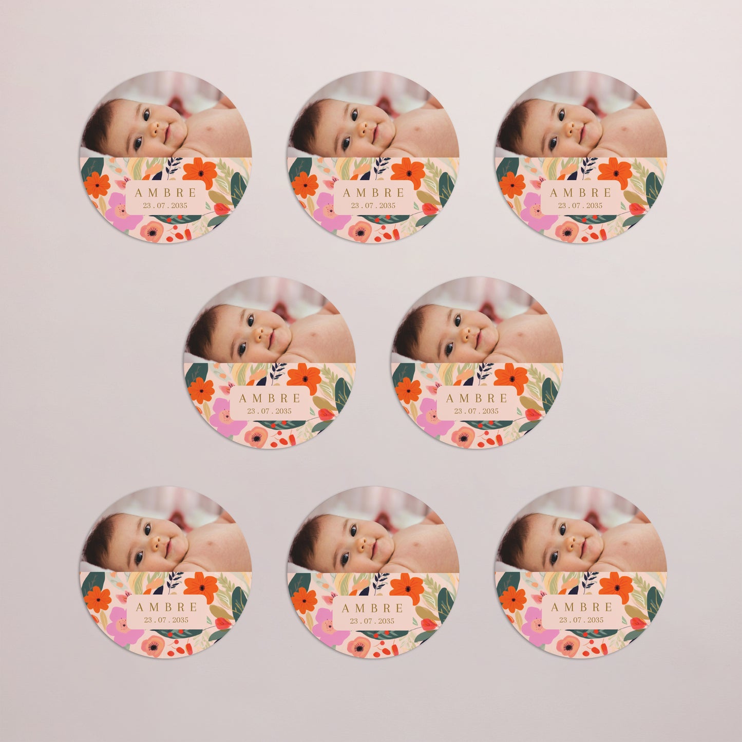 Faire-part Naissance Lot de 8, magnétique, rond, Ø 10cm Farandole de fleurs photo N° 3