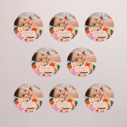 Faire-part Naissance Lot de 8, magnétique, rond, Ø 10cm Farandole de fleurs photo N° 3