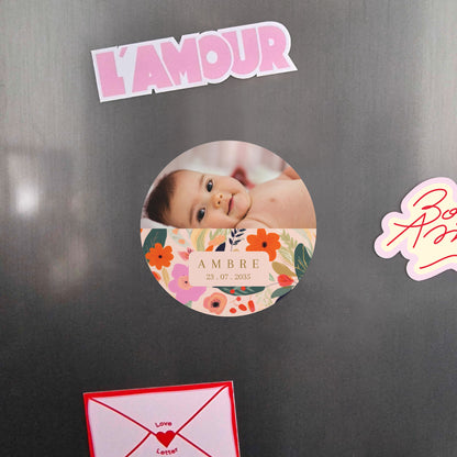 Faire-part Naissance Lot de 8, magnétique, rond, Ø 10cm Farandole de fleurs photo N° 4