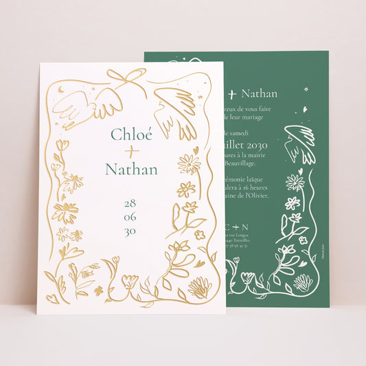 Faire-part Mariage Grand format rectangle Dessins d'amour dorés photo
