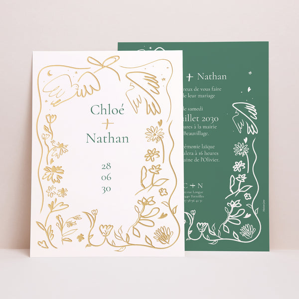 Faire-part Mariage Grand format rectangle Dessins d'amour dorés photo