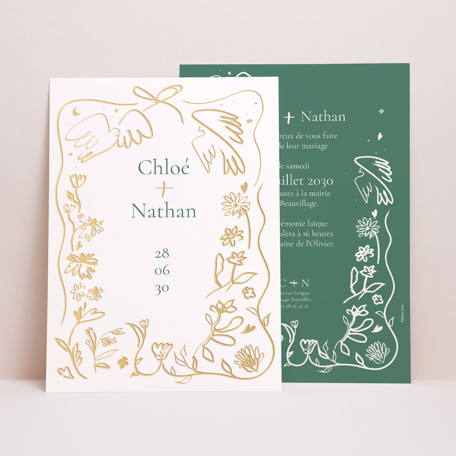 Faire-part Mariage Grand format rectangle Dessins d'amour dorés photo