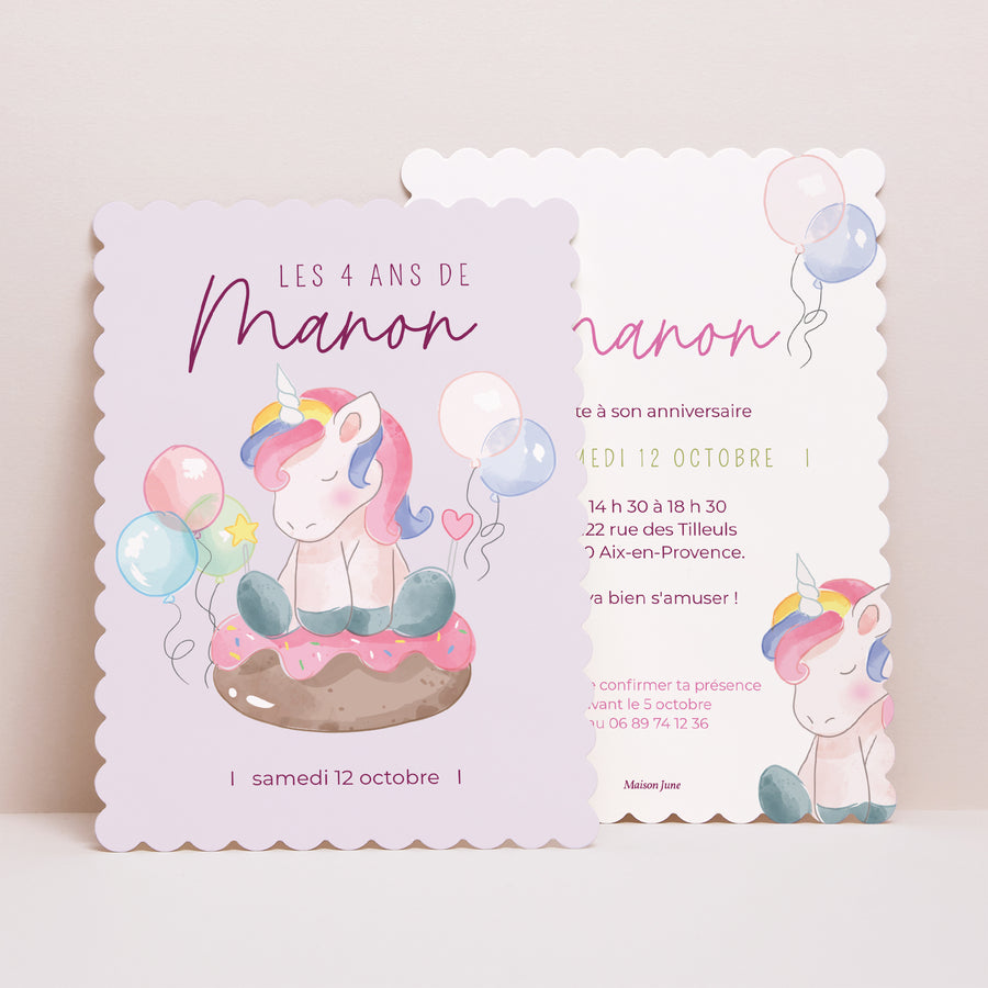 Invitations Anniversaire Enfant Portrait, bords biscuit Licorne donuts photo