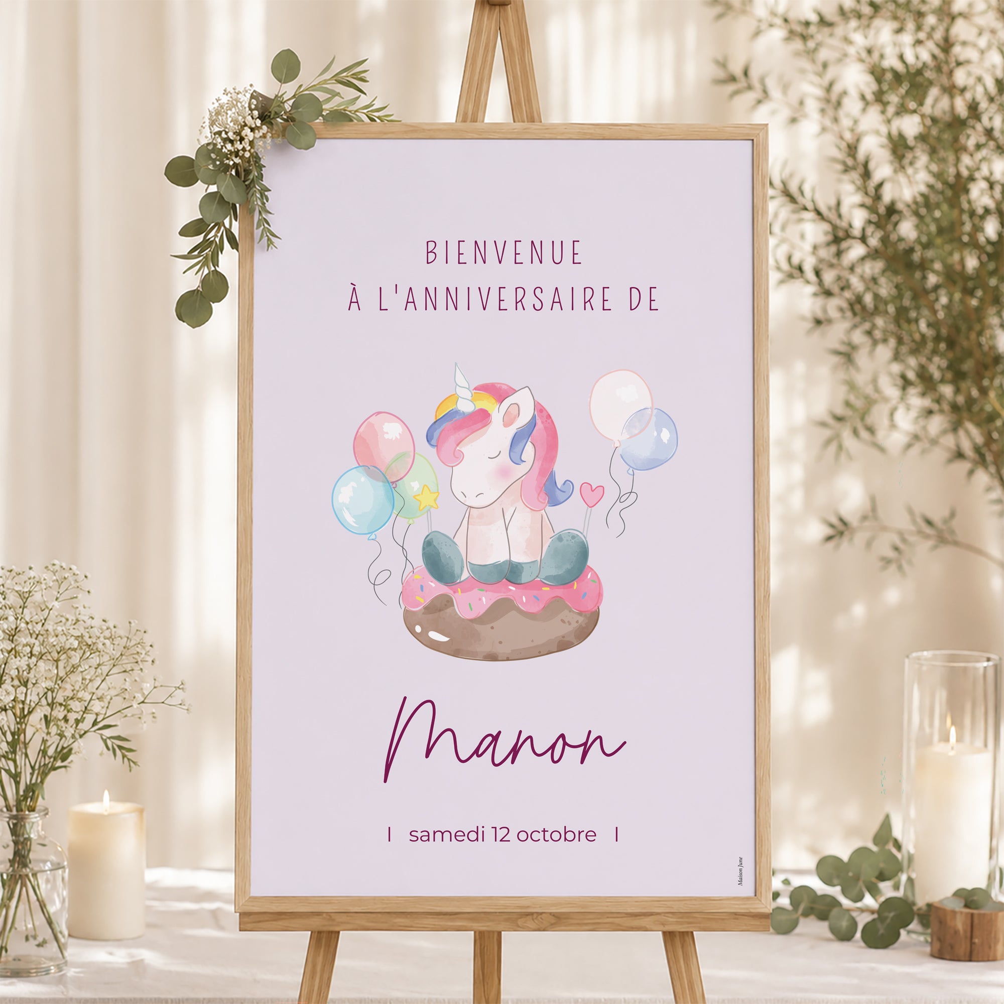 Panneau bienvenue Anniversaire Enfant Portrait 60 x 90 cm Licorne donuts photo N° 1