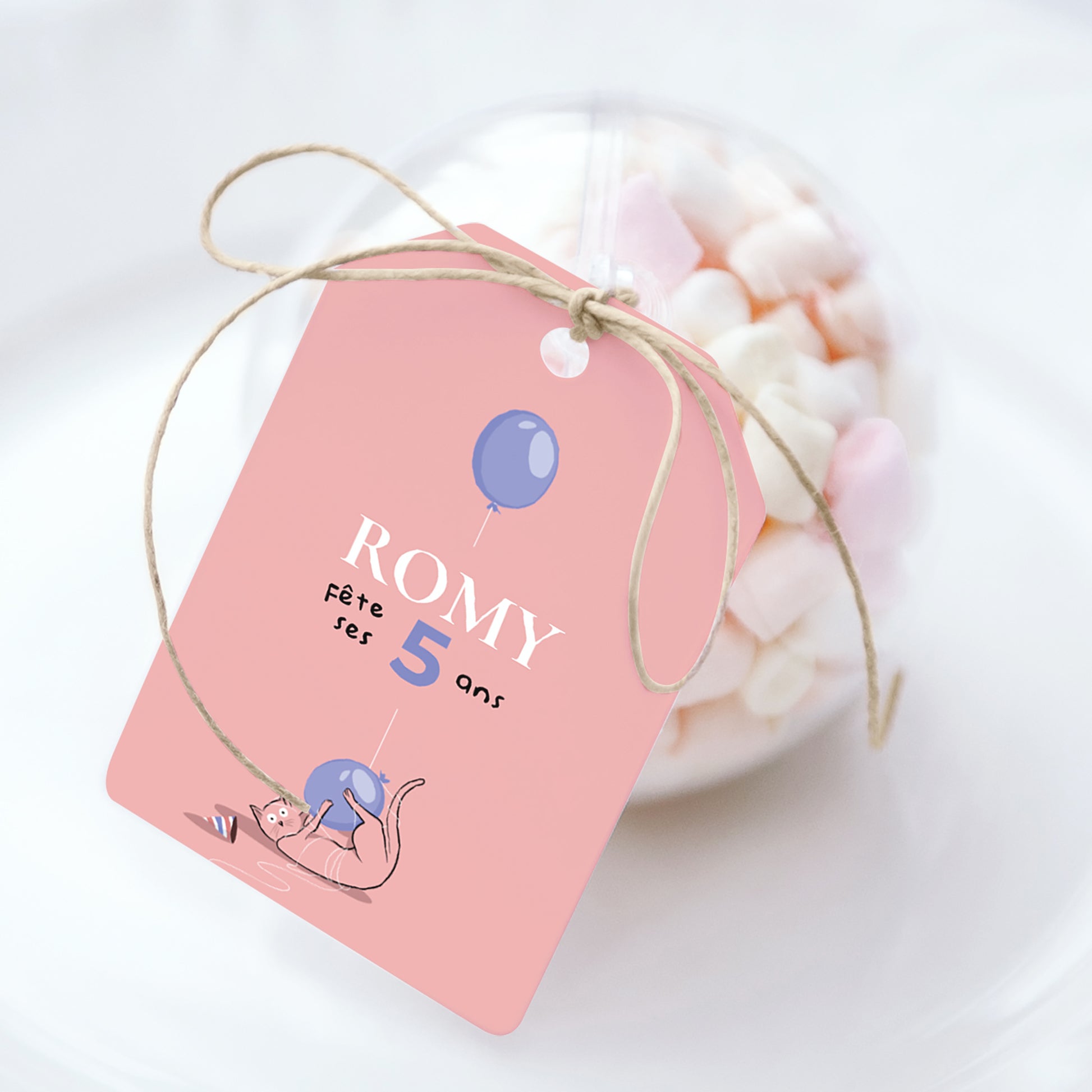 Boîte à bonbons Anniversaire Enfant boule avec étiquette fanion Le chat rose photo N° 1