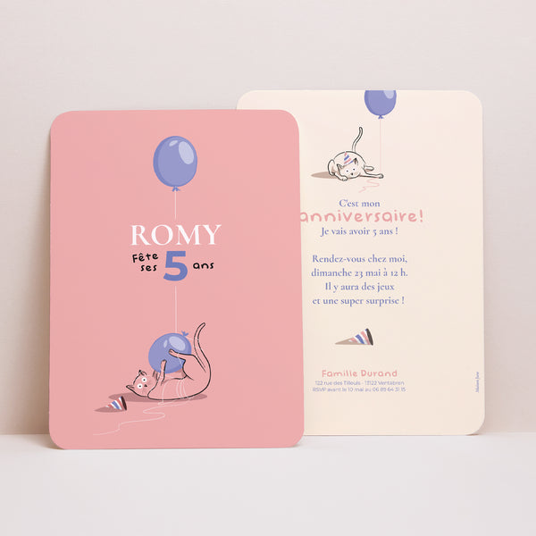 Invitations Anniversaire Enfant Portrait, bords arrondis Le chat rose photo