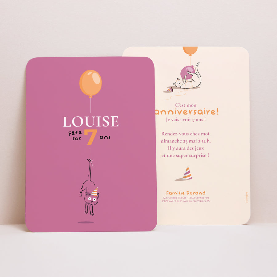 Invitations Anniversaire Enfant Portrait, bords arrondis Le chat fushia photo