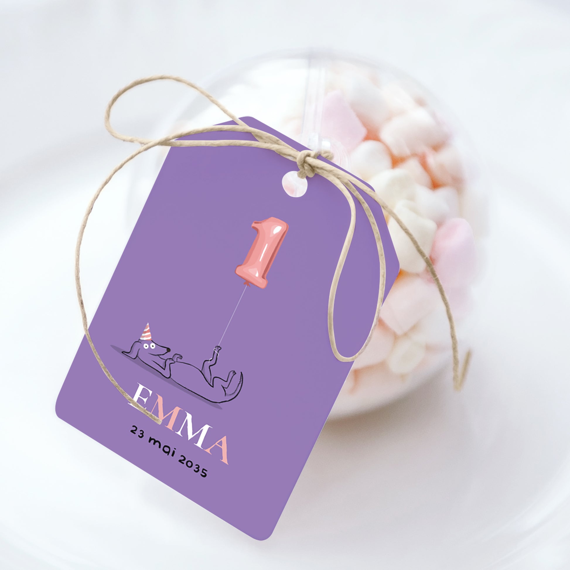 Boîte à bonbons Anniversaire Enfant boule avec étiquette fanion Le chien violet photo N° 1