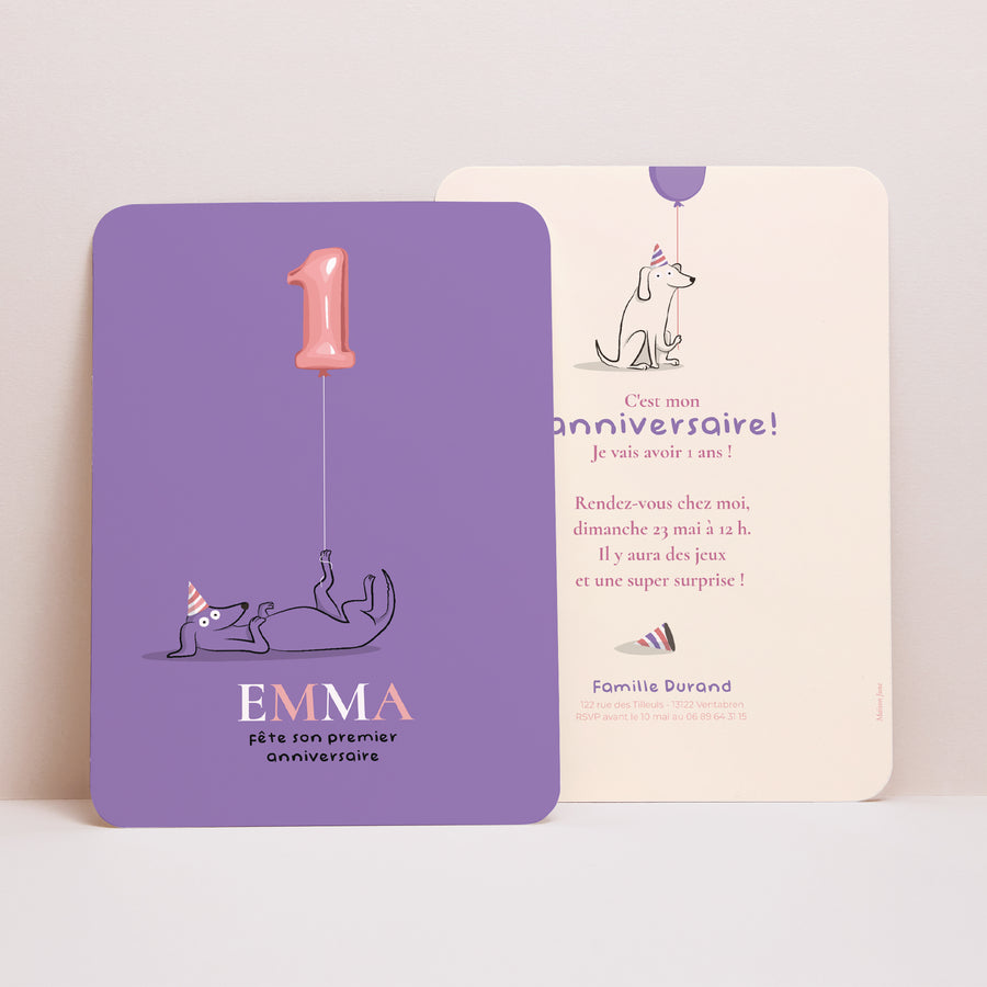 Invitations Anniversaire Enfant Portrait, bords arrondis Le chien violet photo