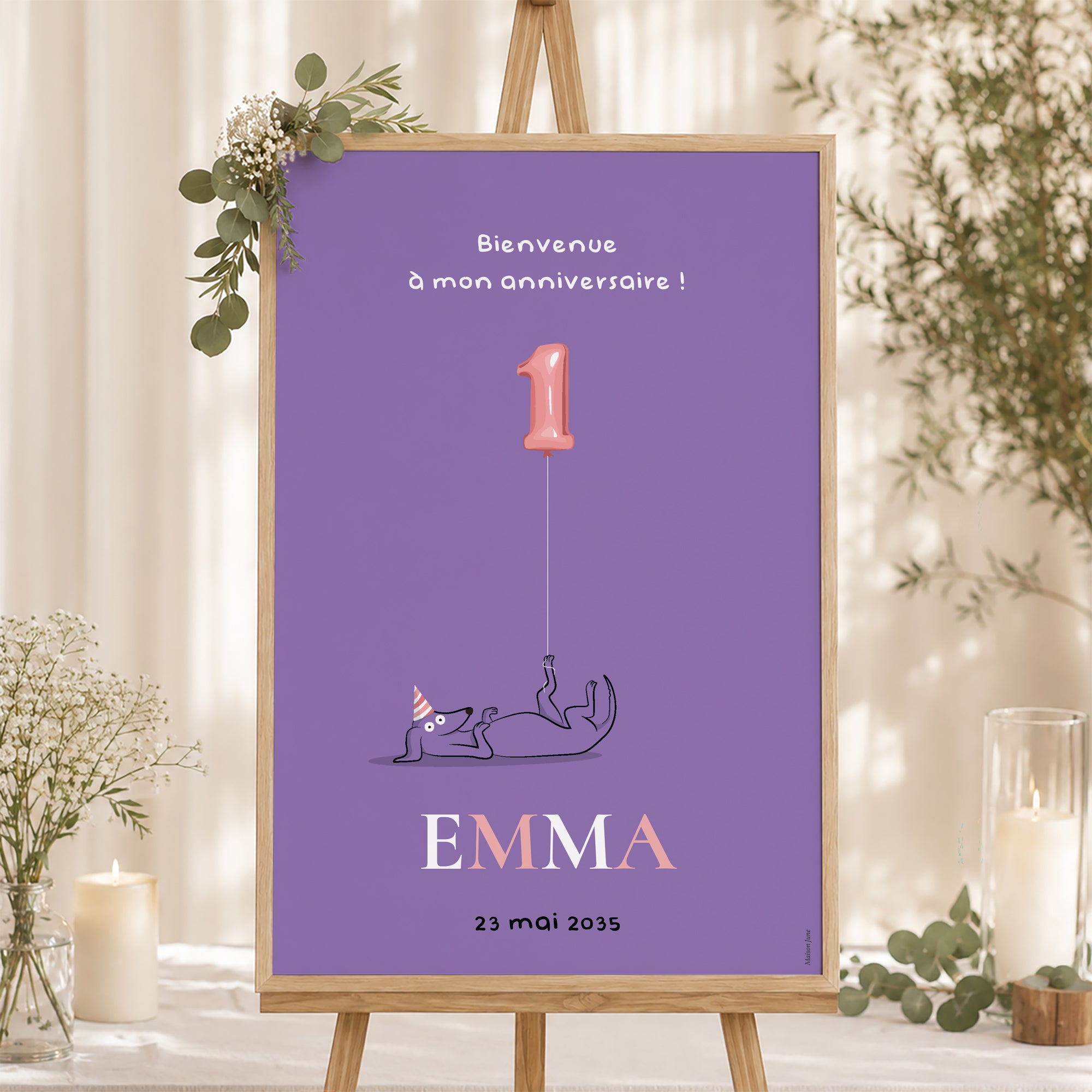 Panneau bienvenue Anniversaire Enfant Portrait 60 x 90 cm Le chien violet photo N° 1