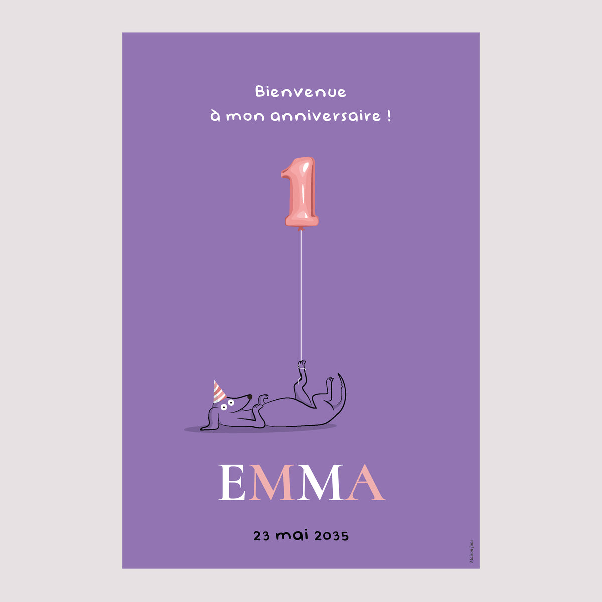 Panneau bienvenue Anniversaire Enfant Portrait 60 x 90 cm Le chien violet photo N° 2