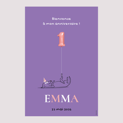 Panneau bienvenue Anniversaire Enfant Portrait 60 x 90 cm Le chien violet photo N° 2