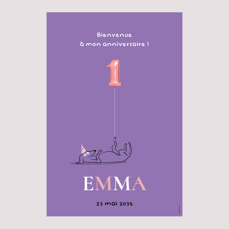 Panneau bienvenue Anniversaire Enfant Portrait 60 x 90 cm Le chien violet
