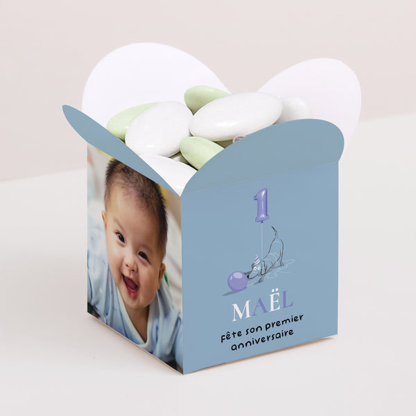 Boîte à bonbons Anniversaire Enfant Ouverture papillon Le chien turquoise photo