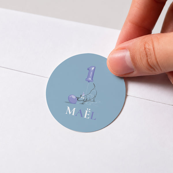 Sticker Anniversaire Enfant Rond Le chien turquoise photo