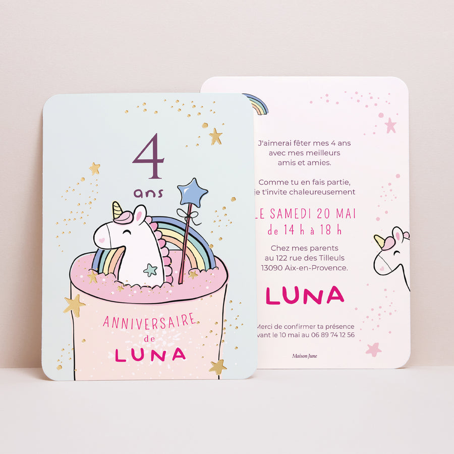 Invitations Anniversaire Enfant Portrait, bords arrondis Gâteau Licorne photo