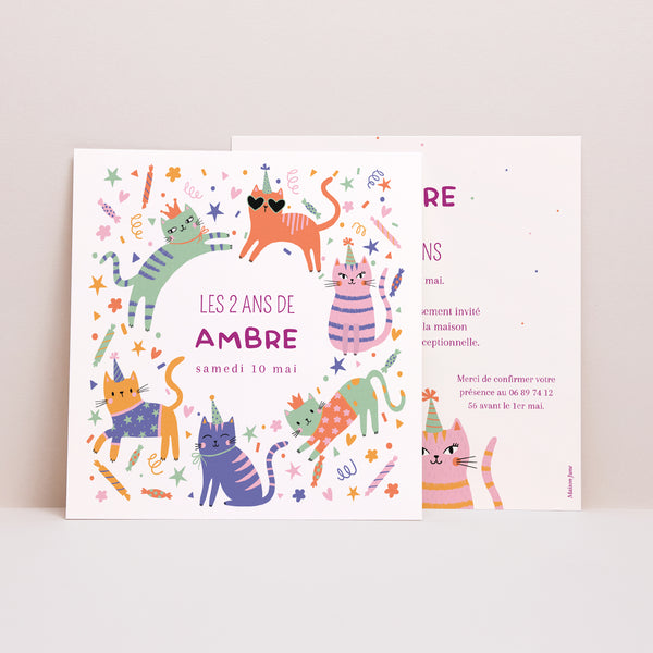 Invitations Anniversaire Enfant Carré Les chats en folie photo