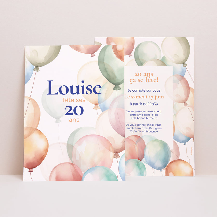 Invitations Anniversaire Adulte Portrait Ballons aquarelle photo