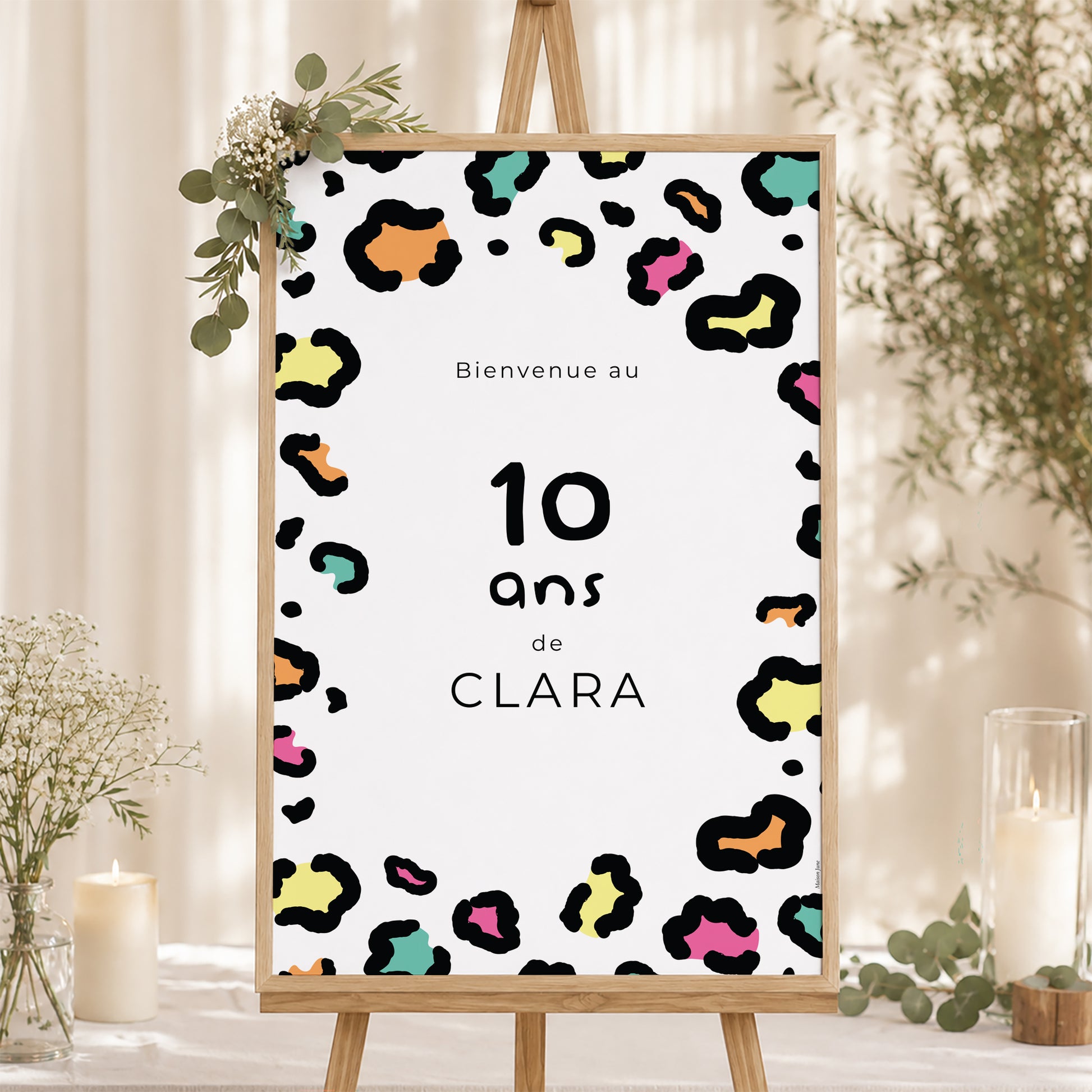 Panneau bienvenue Anniversaire Enfant Portrait 60 x 90 cm Léopard coloré photo N° 1