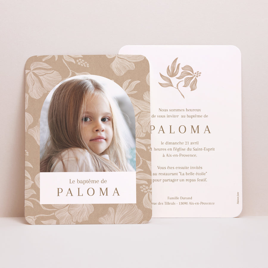 Faire-part Baptême Portrait, bords arrondis Fleurs crayonnées kraft photo