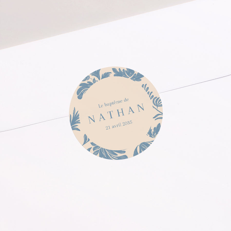 Sticker Baptême Rond Fleurs crayonnées bleues photo