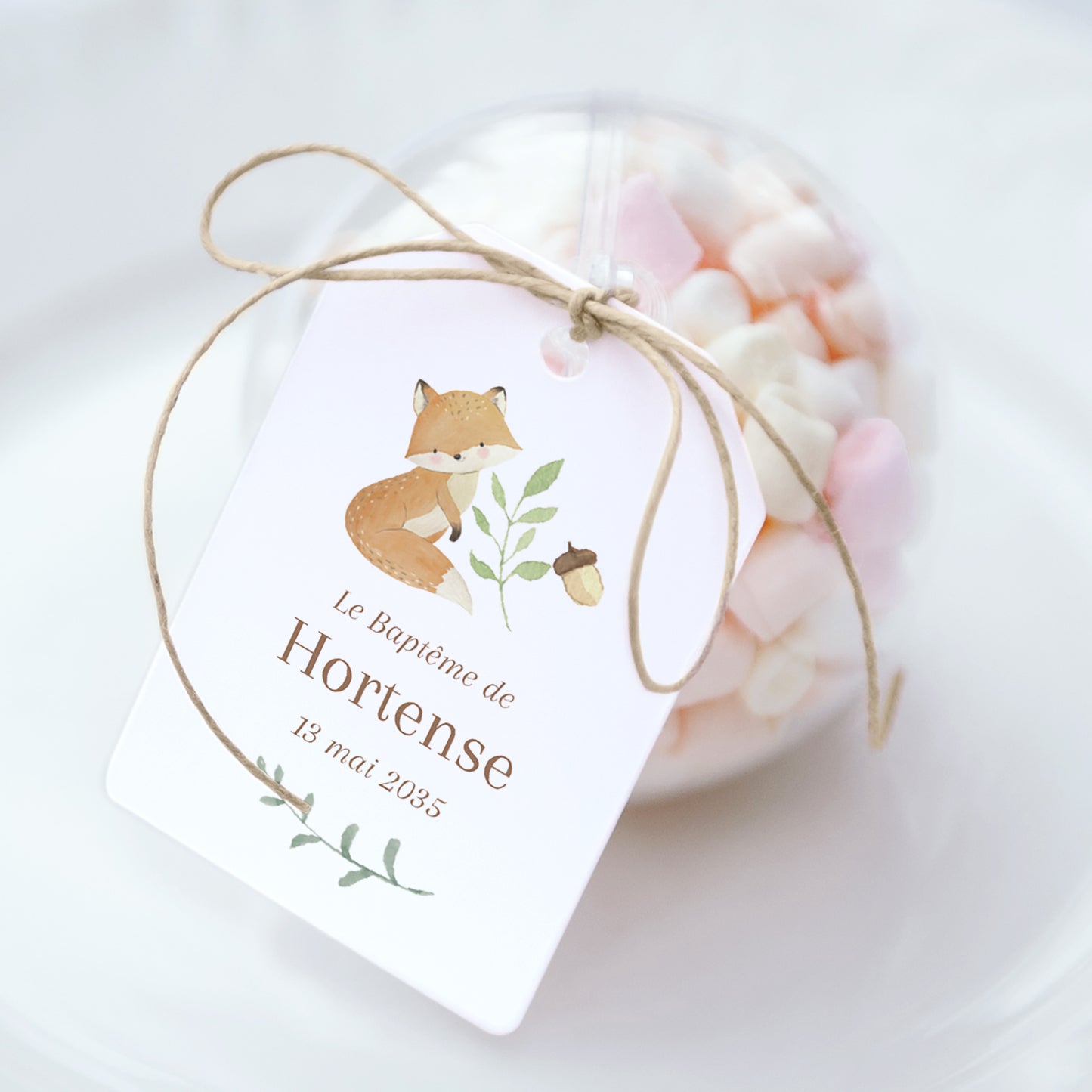 Boîte à dragées Baptême boule avec étiquette fanion Les animaux de la forêt enchantée photo N° 1