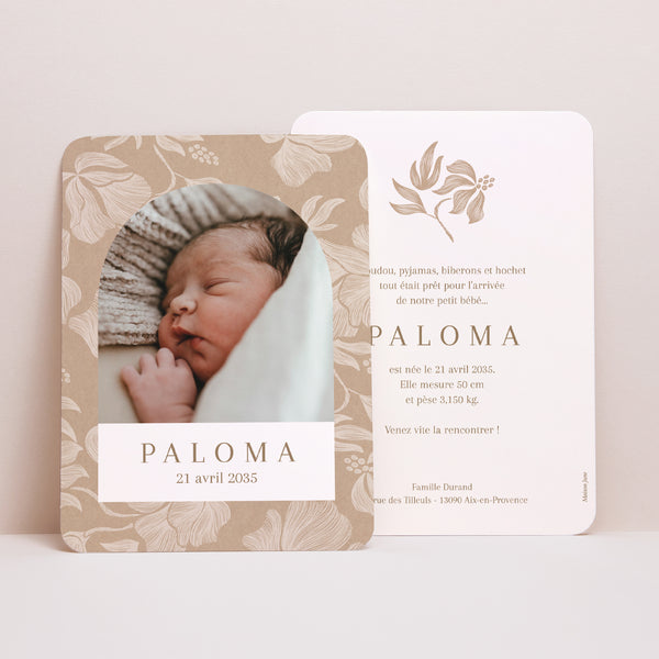 Faire-part Naissance Portrait, bords arrondis Fleurs crayonnées kraft photo