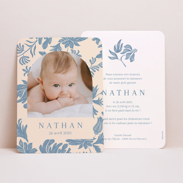 Faire-part Naissance Portrait, bords arrondis Fleurs crayonnées bleues photo
