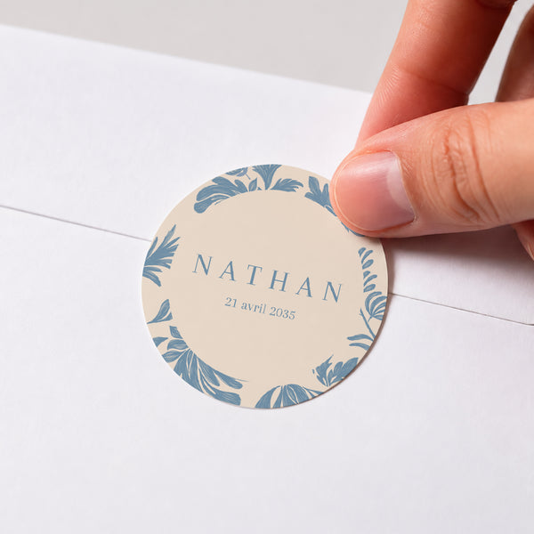 Sticker Naissance Rond Fleurs crayonnées bleues photo