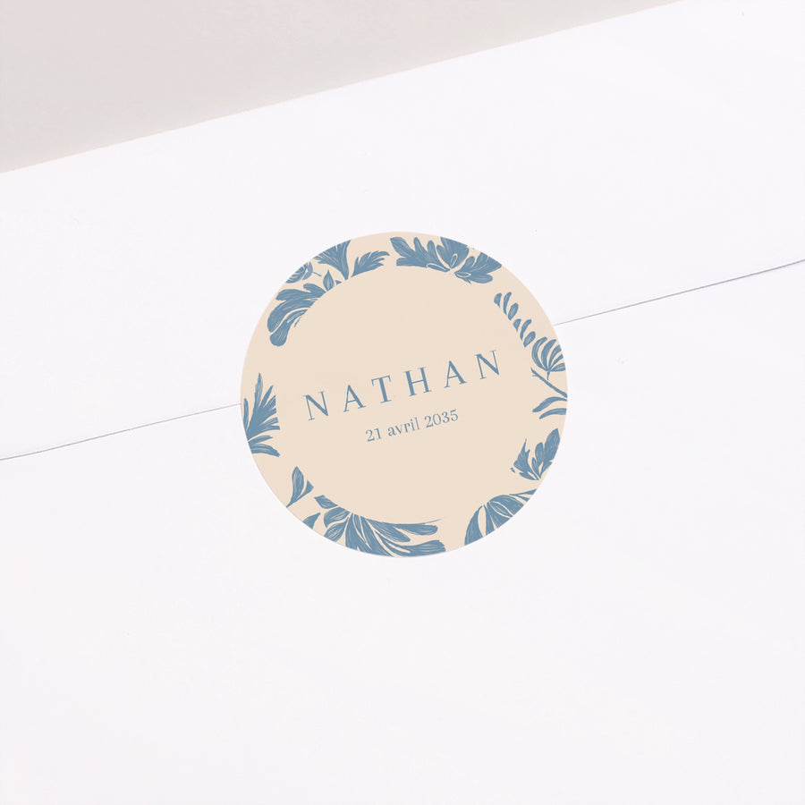 Sticker Naissance Rond Fleurs crayonnées bleues photo