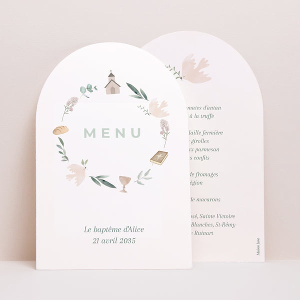 Menu Baptême Arche Couronne symboles religieux photo