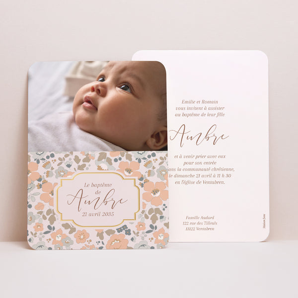 Faire-part Baptême Portrait, bords arrondis Fleurs liberty photo