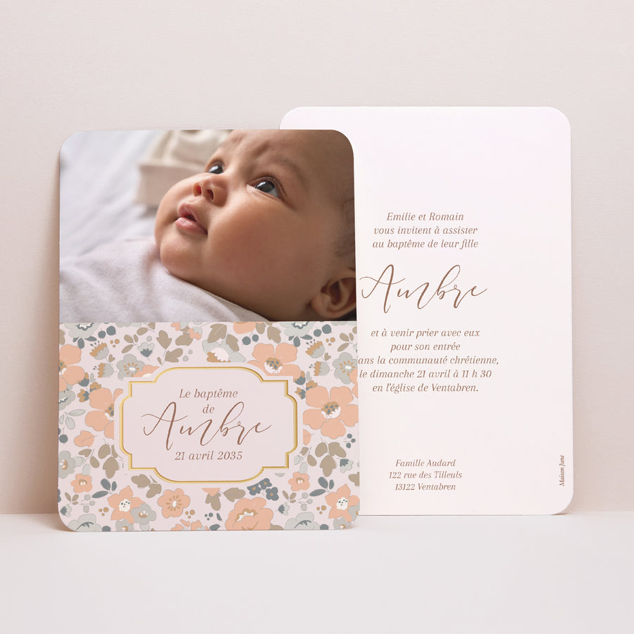 Faire-part Baptême Portrait, bords arrondis Fleurs liberty photo