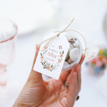 Boîte à dragées Baptême boule avec étiquette fanion Couronne de fleurs photo N° 3