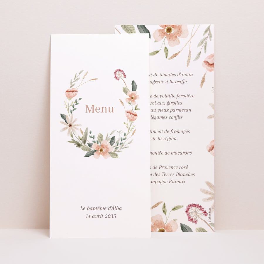 Menu Baptême Panoramique portrait Couronne de fleurs photo