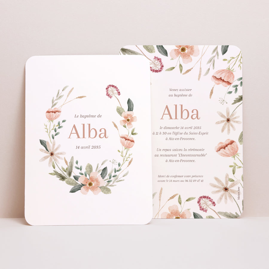 Faire-part Baptême Portrait, bords arrondis Couronne de fleurs photo