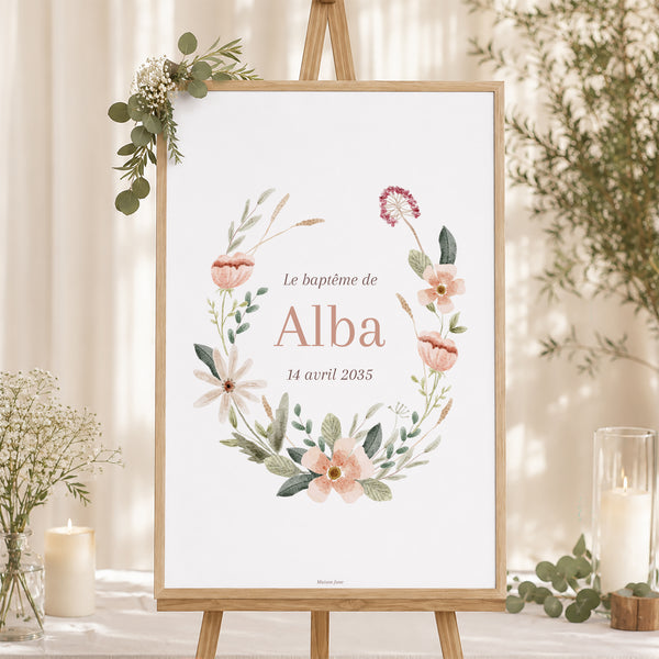 Panneau bienvenue Baptême Portrait 60 x 90 cm Couronne de fleurs photo