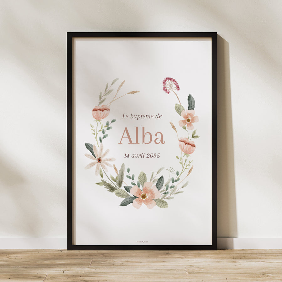 Panneau bienvenue Baptême Portrait 60 x 90 cm Couronne de fleurs photo