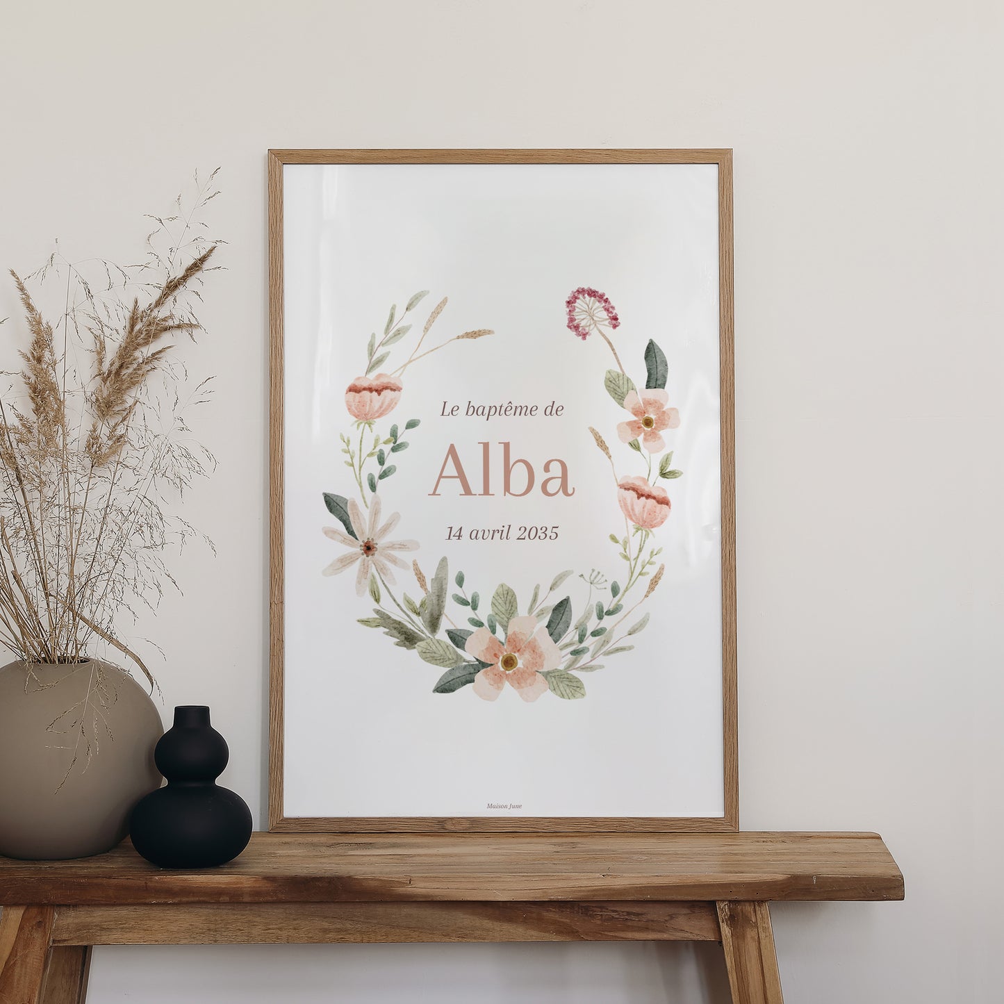 Panneau bienvenue Baptême Portrait 60 x 90 cm Couronne de fleurs photo N° 2